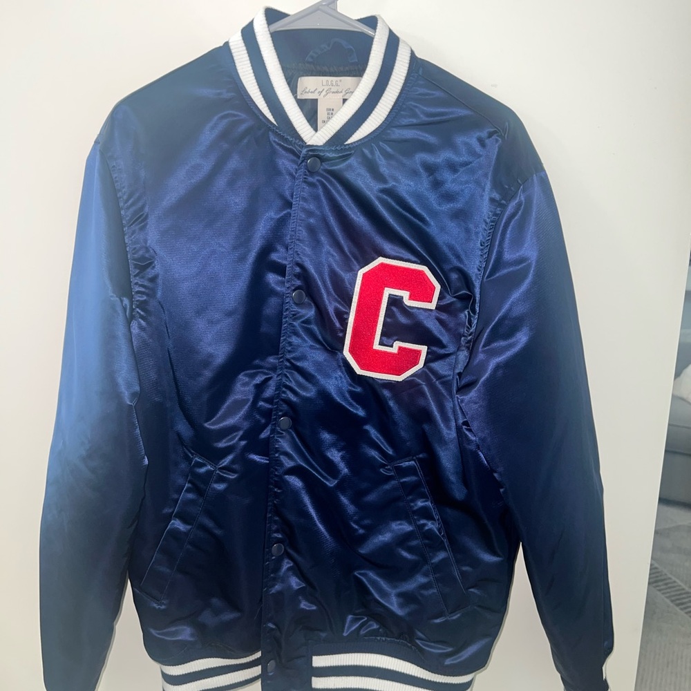 Blue Satin Varsity Jacket With Red Patch - image 1
